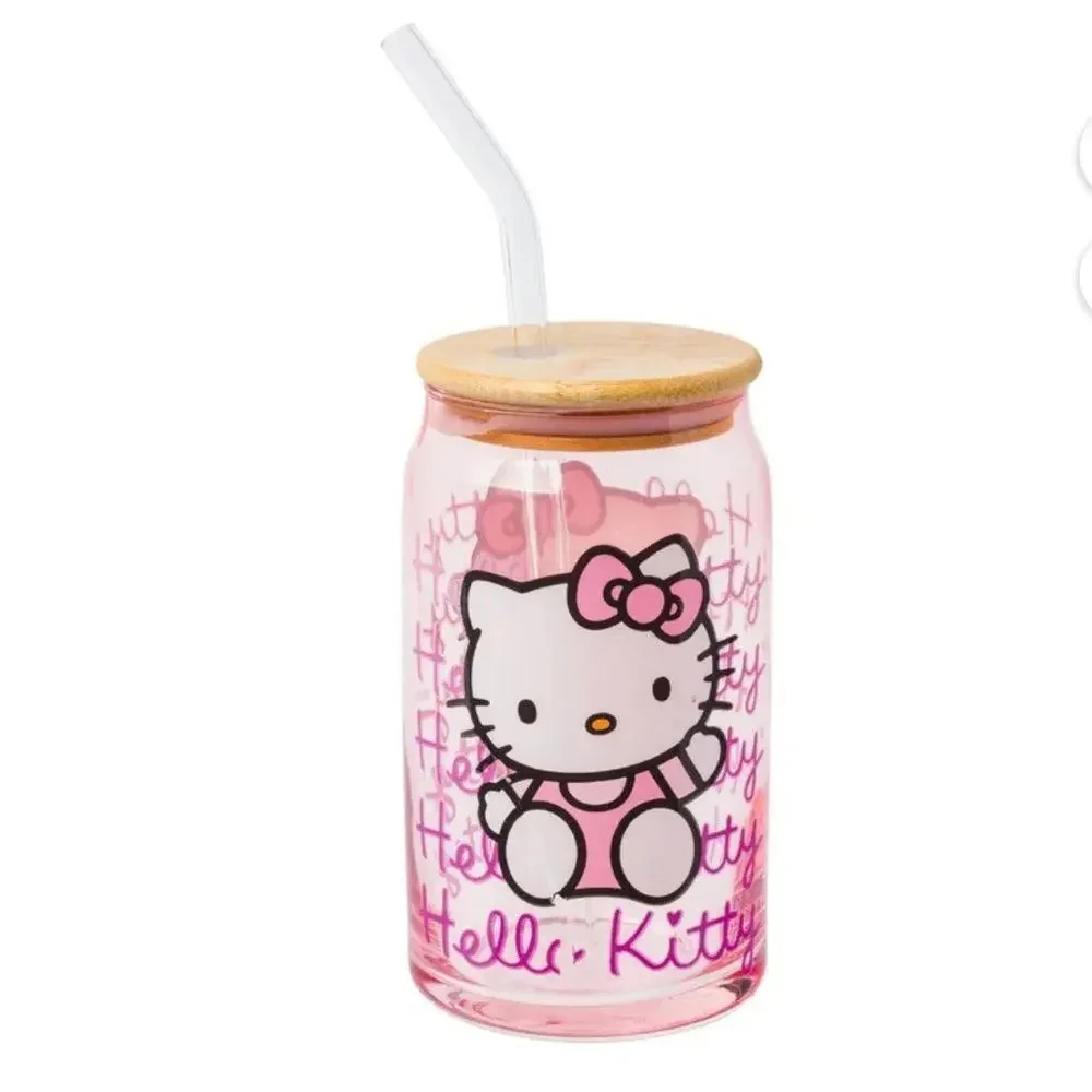 Sanrio Hello Kitty Glass Tumbler with Bamboo Lid and Glass Straw